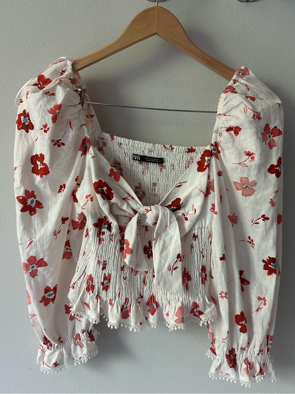 Zara White Floral Tie-Front Smocked Crop Top